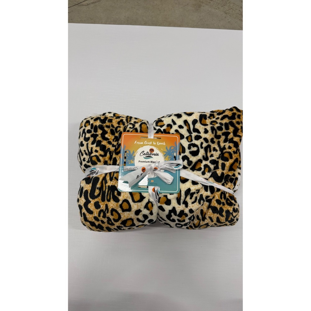 Catalonia Leopard Print Sherpa Fleece Premium Throw Blanket Tan Black White NEW